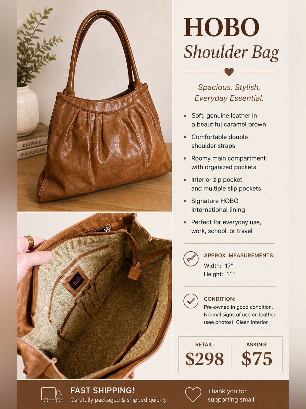 HOBO Caramel Brown Leather Pleated Hobo Shoulder Bag